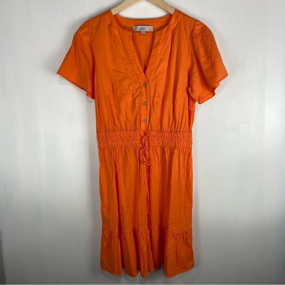 LOFT Smocked Ruffle Tie Front Waist Flowy‎ Summer Mini Dress Orange Size Small